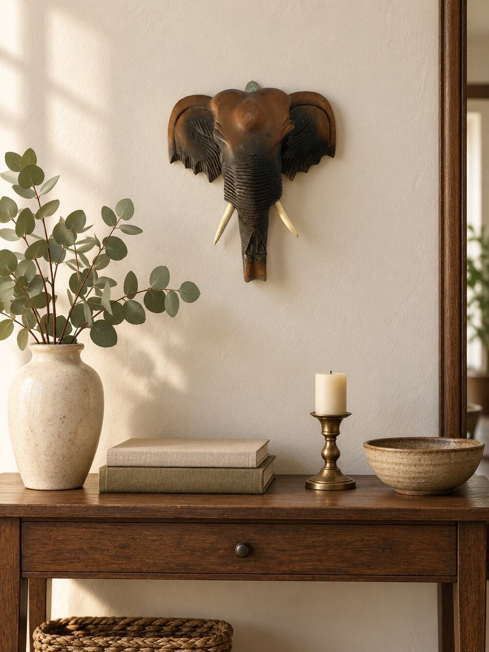 VTG Hand Carved Wood Elephant Head Wall Hanging Safari Primitive Tribal
